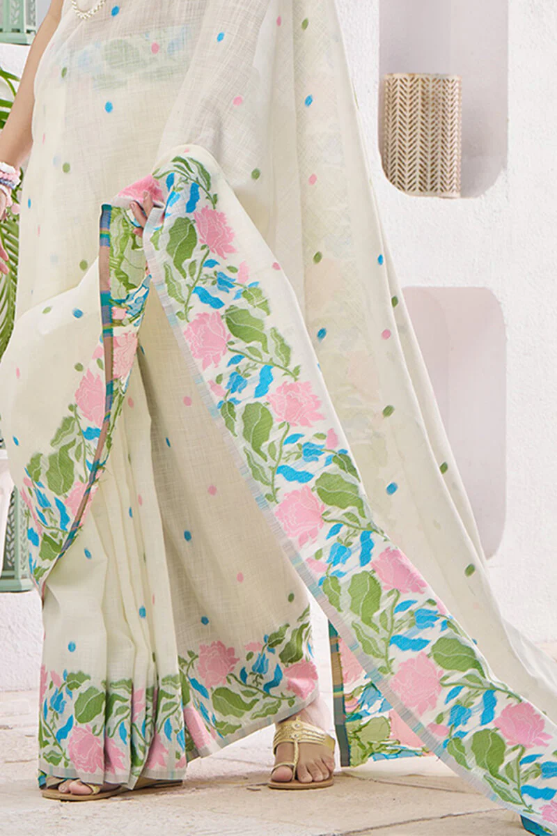 Beauteous Beige Cotton Silk Saree With Assemblage Blouse Piece - Image 3