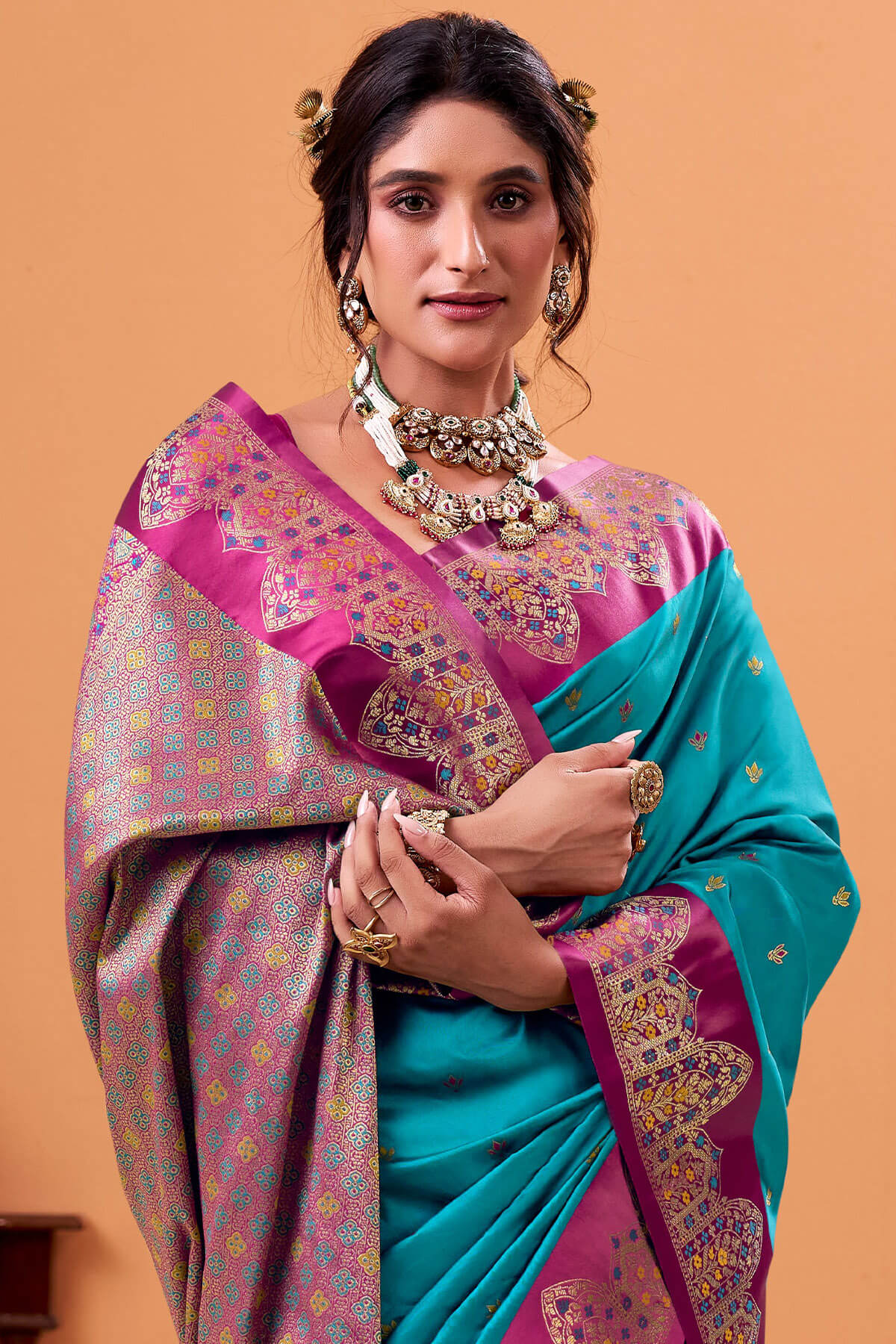 Beauteous Firozi Banarasi Satin Silk Saree With Surpassing Blouse - Image 2