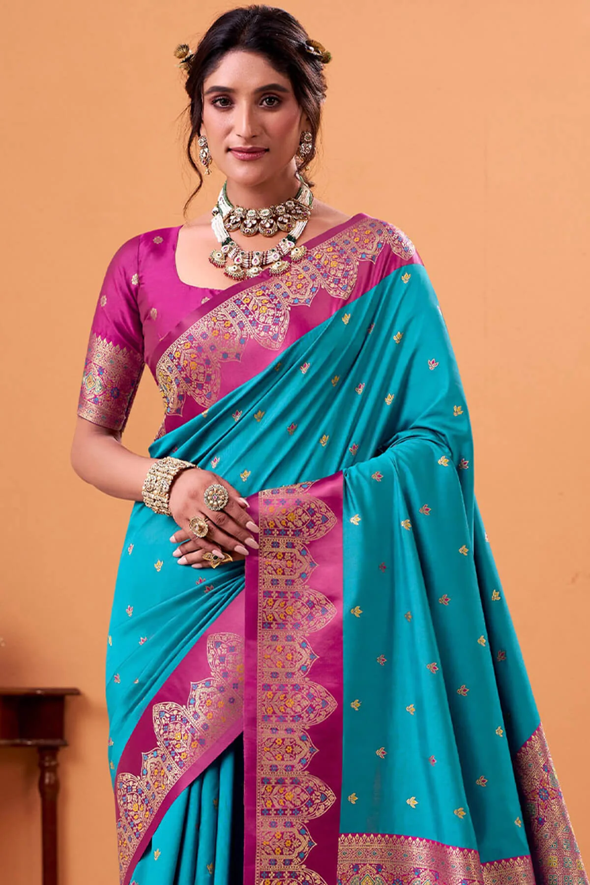Beauteous Firozi Banarasi Satin Silk Saree With Surpassing Blouse - Image 3
