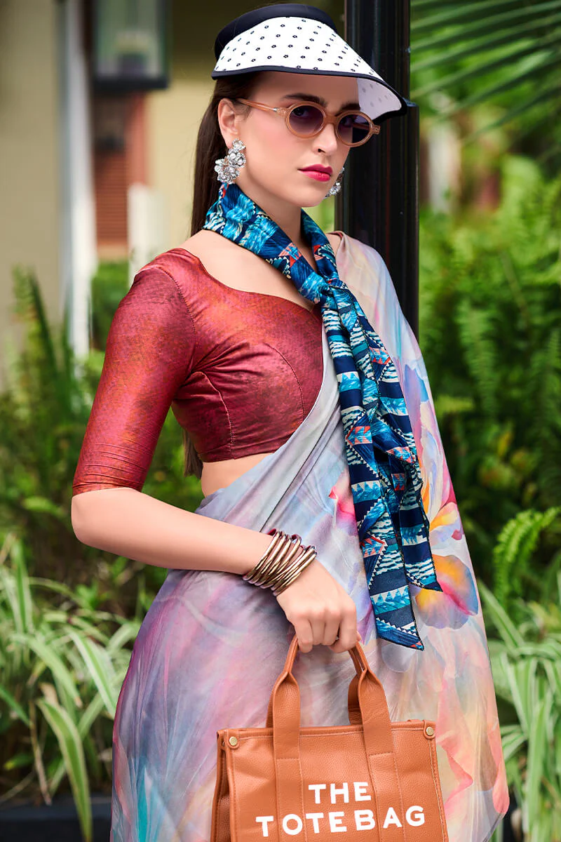 Beauteous Grey Digital Printed Satin Silk Saree With Demesne Blouse Piece - Image 4