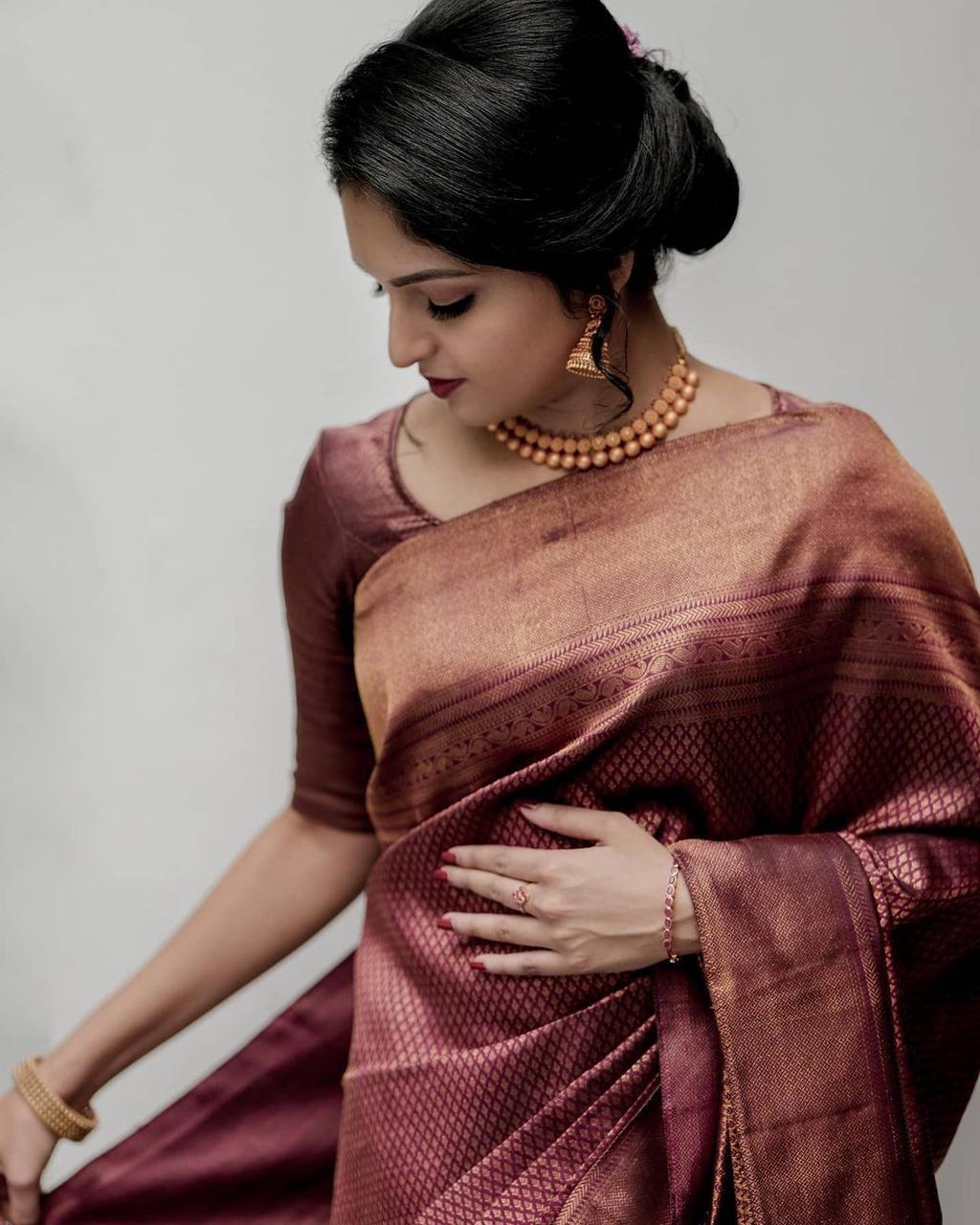 Beauteous Maroon Soft Silk Saree With Demure Blouse Piece - Image 3