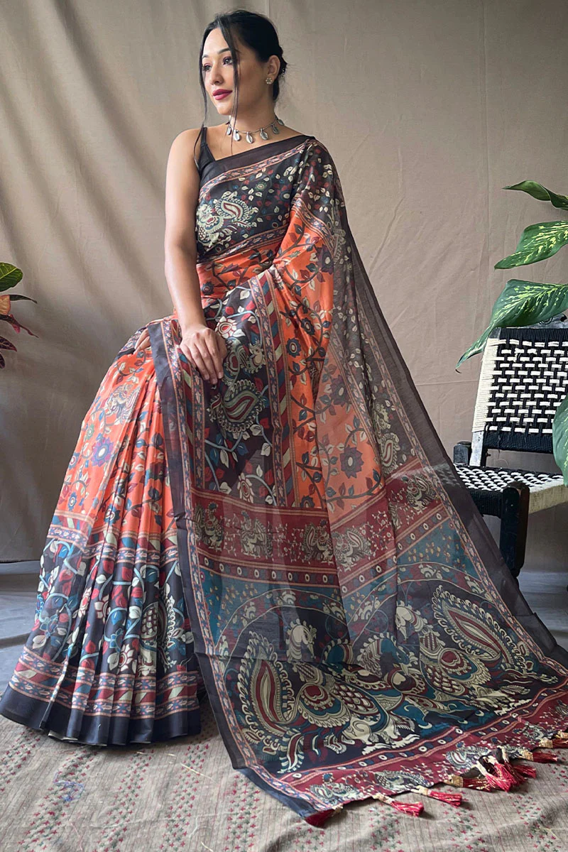 Beauteous Orange Kalamkari Printed Saree With Flamboyant Blouse Piece - Image 2
