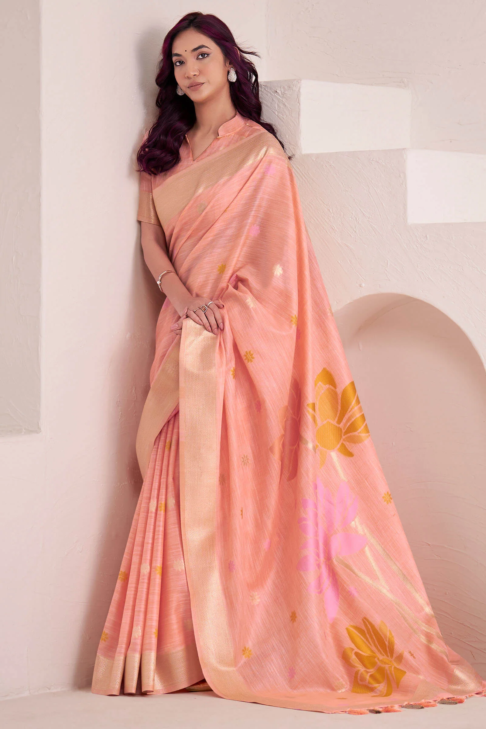 Beauteous Peach Cotton Silk Saree With Embellished Blouse Piece - Image 5