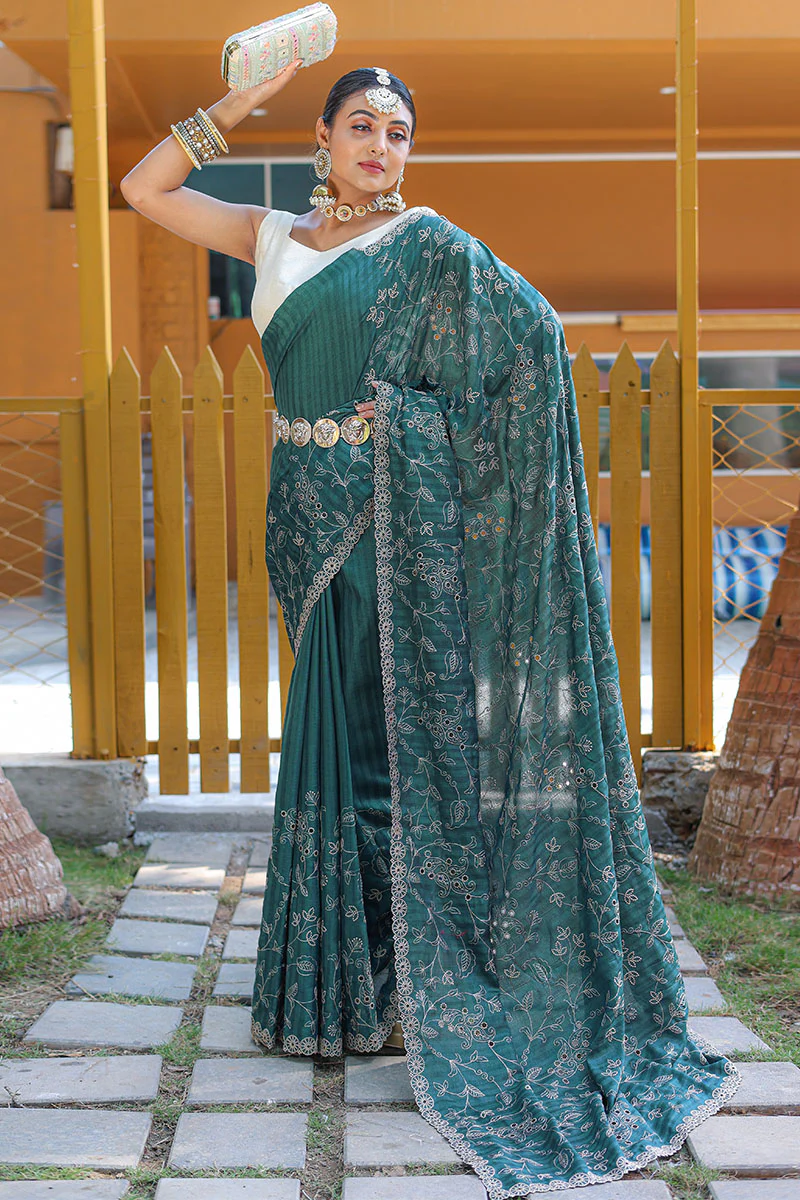 Beauteous Rama Embroidery Work Soft Silk Saree With Ideal Blouse Piece - Image 3