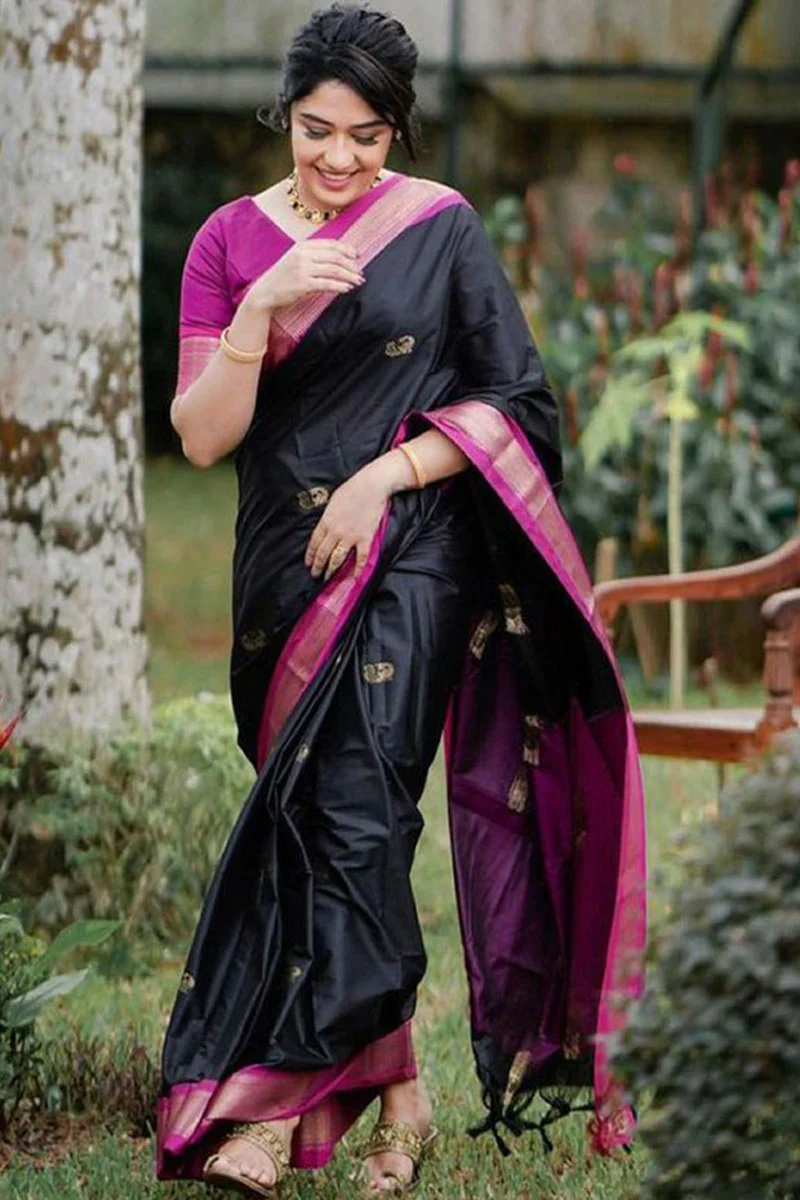 Beautiful Black Soft Banarasi Silk Saree With Girlish Blouse Piece - Image 3