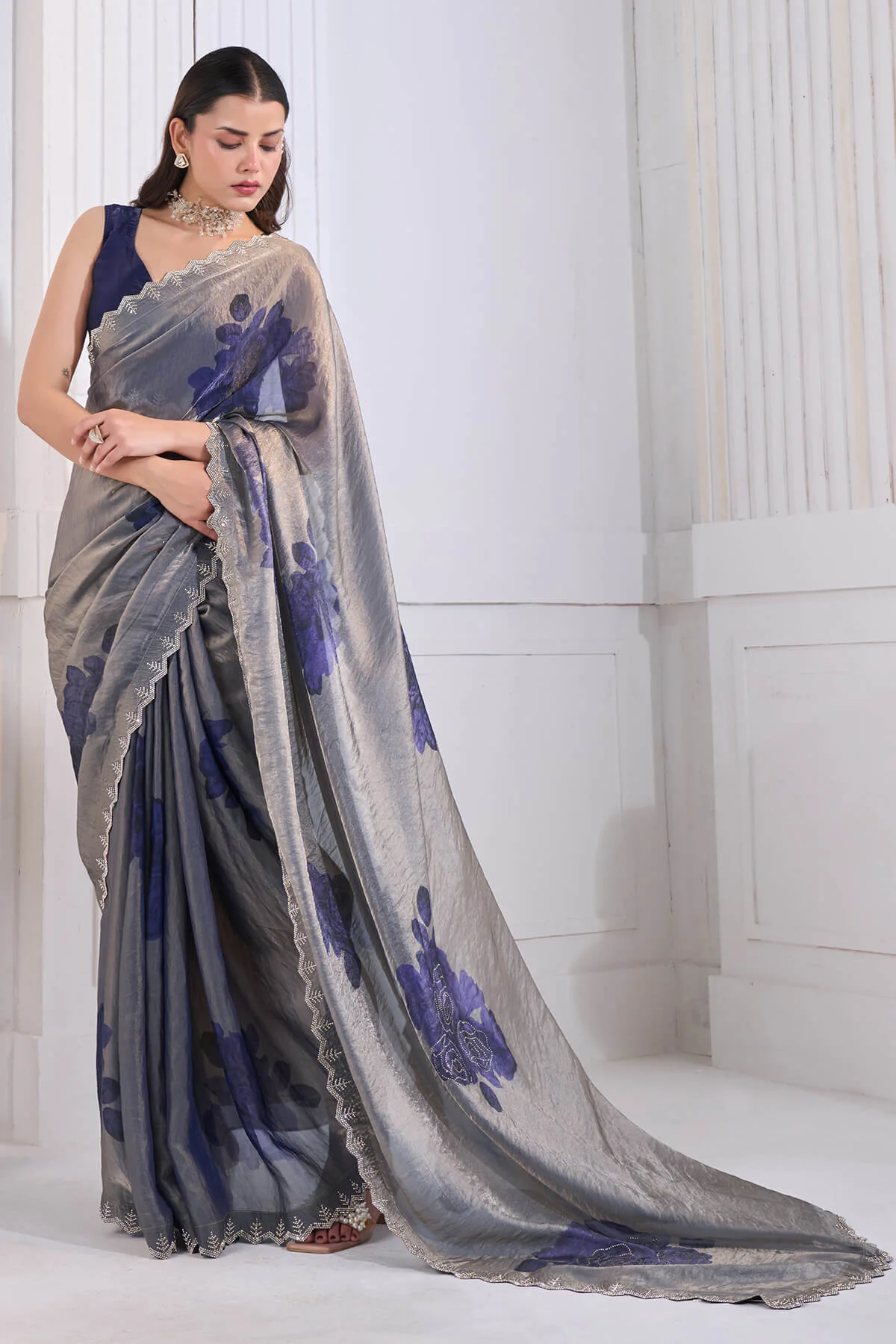 Beautiful Blue Jarkan Work Fandy Silk Saree - Image 5