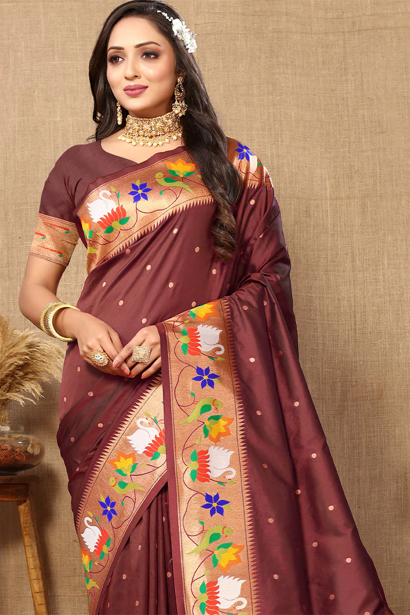 Beautiful Brown Paithani Silk Saree With Appealing Blouse Piece - Image 2
