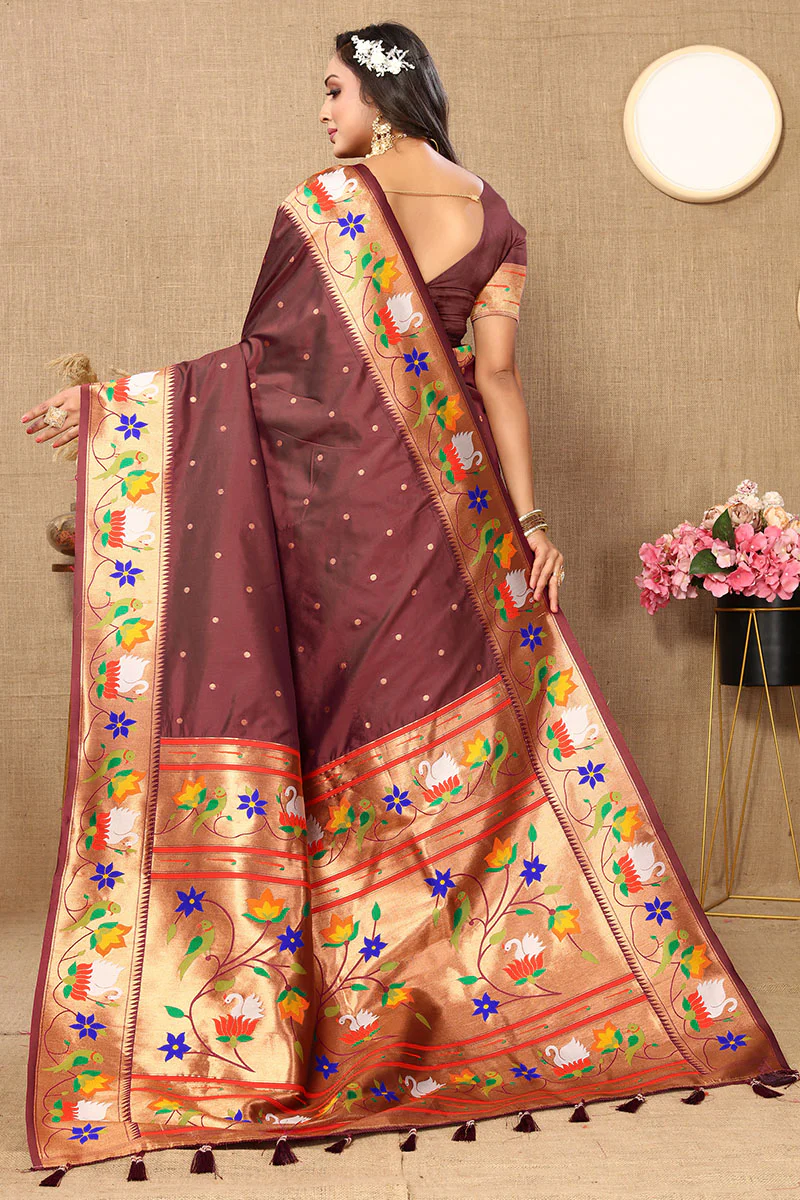 Beautiful Brown Paithani Silk Saree With Appealing Blouse Piece - Image 5