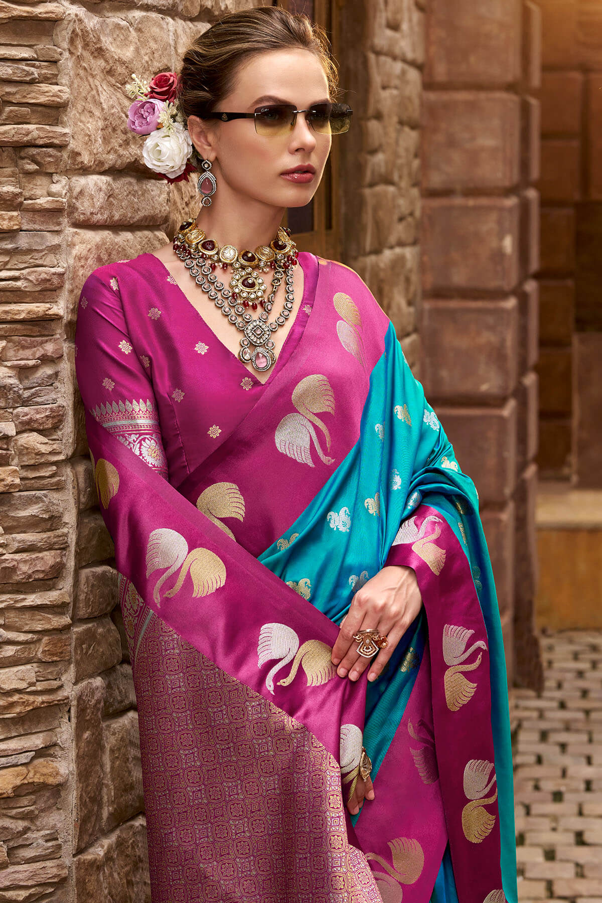 Beautiful Firozi Banarasi Satin Silk Saree With Whimsical Blouse - Image 4