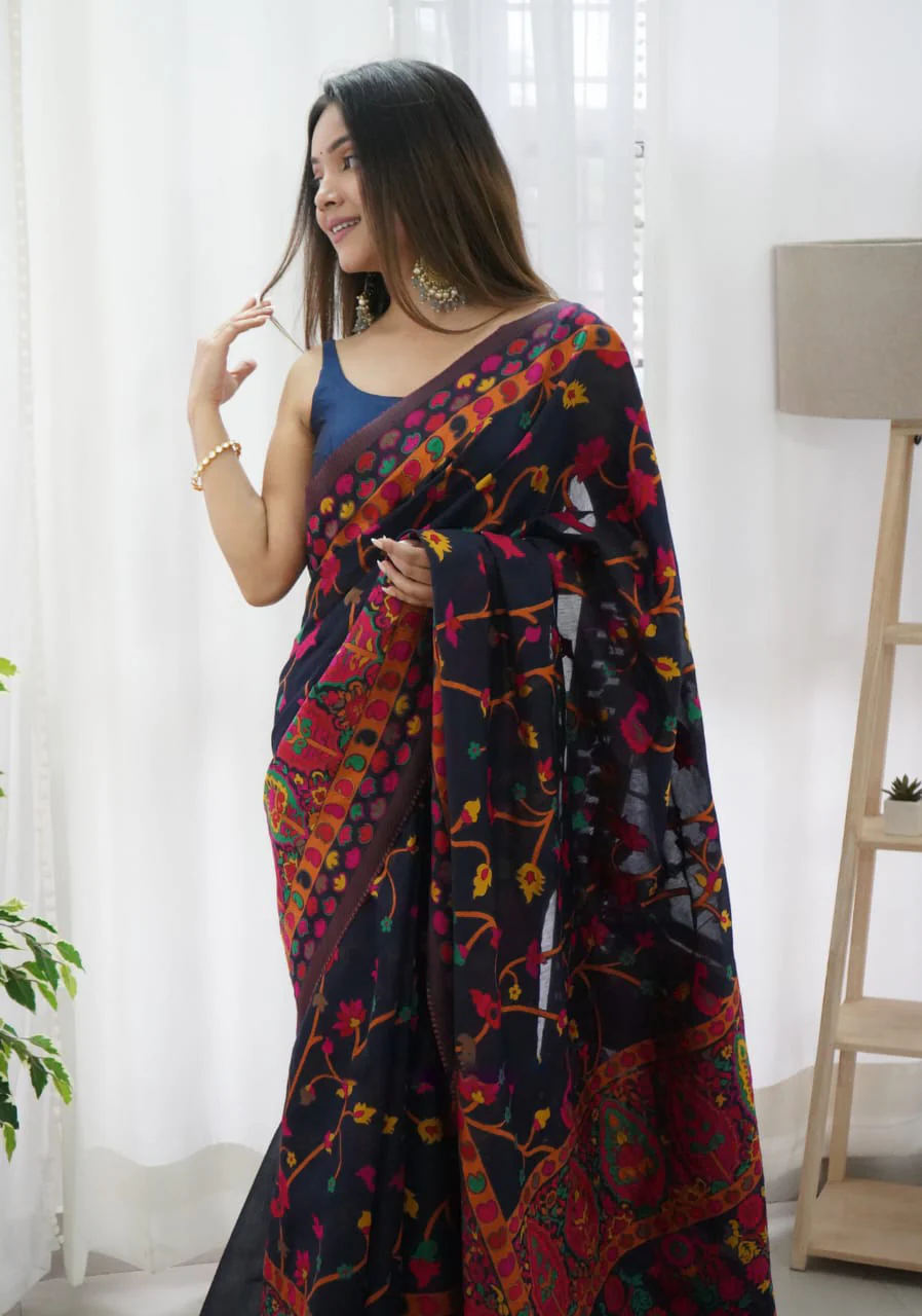 Beautiful Navy Blue Pashmina saree With Blooming Blouse Piece - Image 2