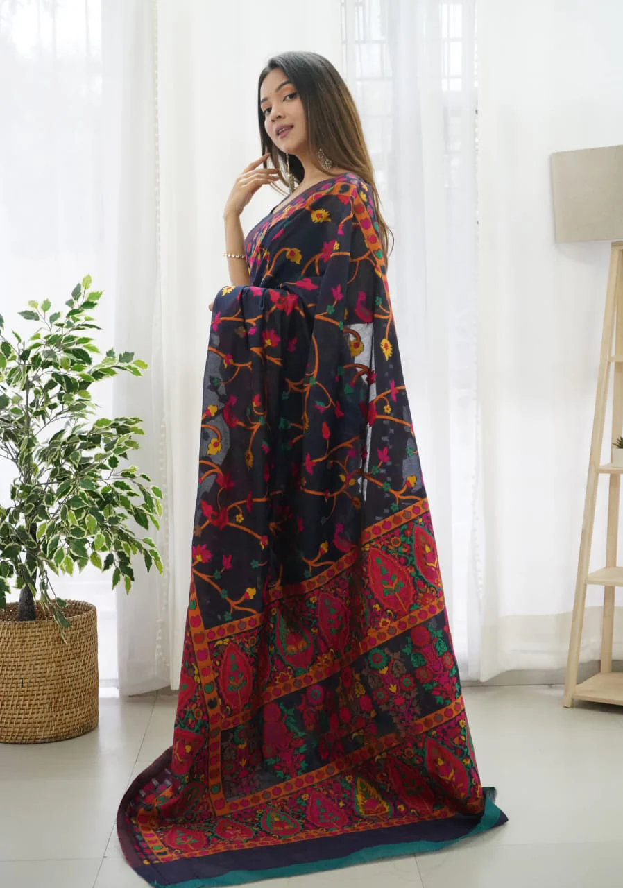 Beautiful Navy Blue Pashmina saree With Blooming Blouse Piece - Image 3