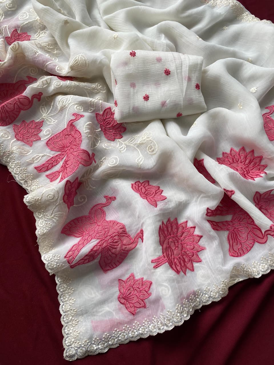 Beautiful Off White Embroidery Work Crush Silk Saree With Effulgent Blouse Piece - Image 2