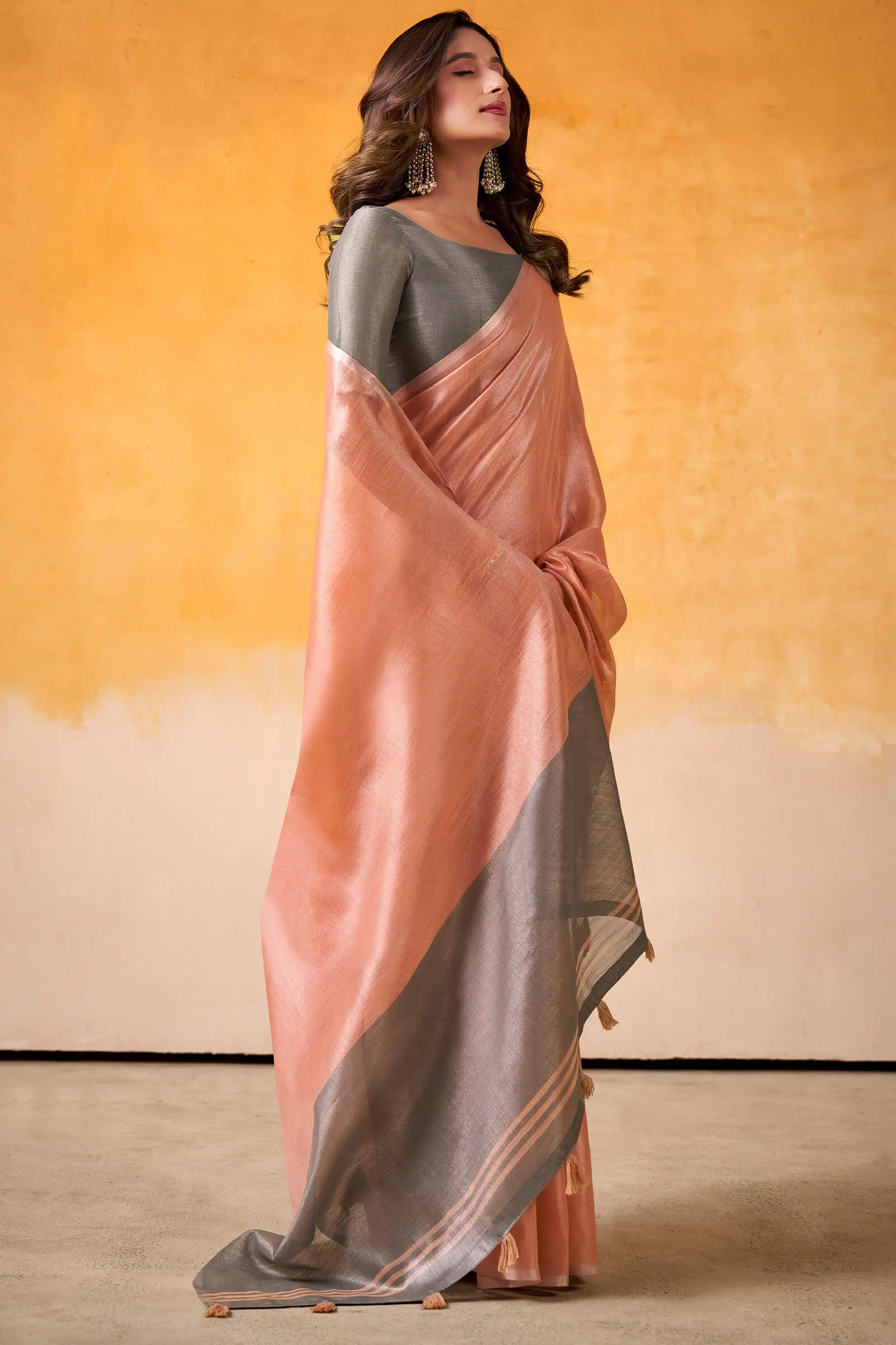Beautiful Peach Soft Banarasi Tissue Silk Saree With Snappy Blouse Piece - Image 3