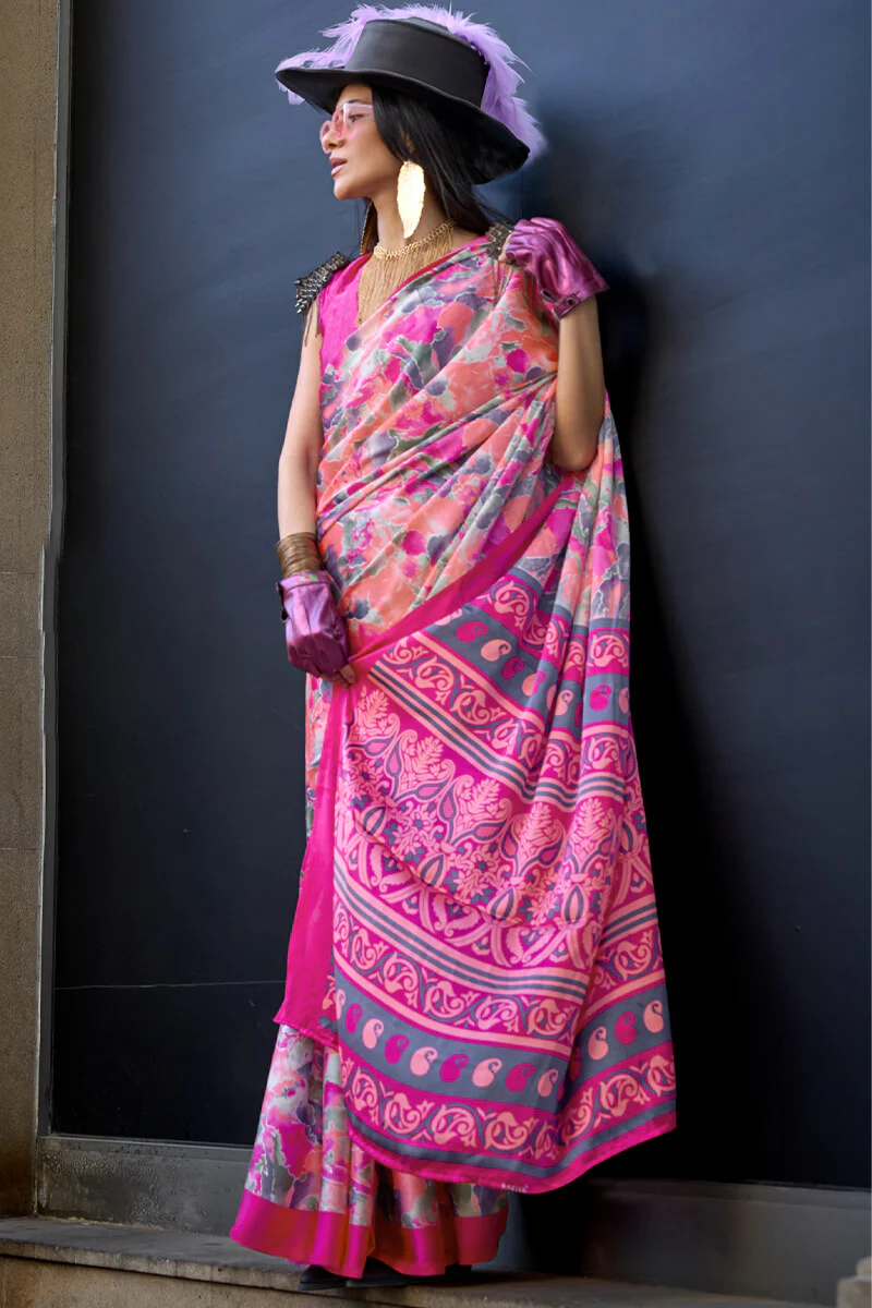 Beautiful Pink Digital Printed Satin Silk Saree With Outstanding Blouse Piece - Image 2