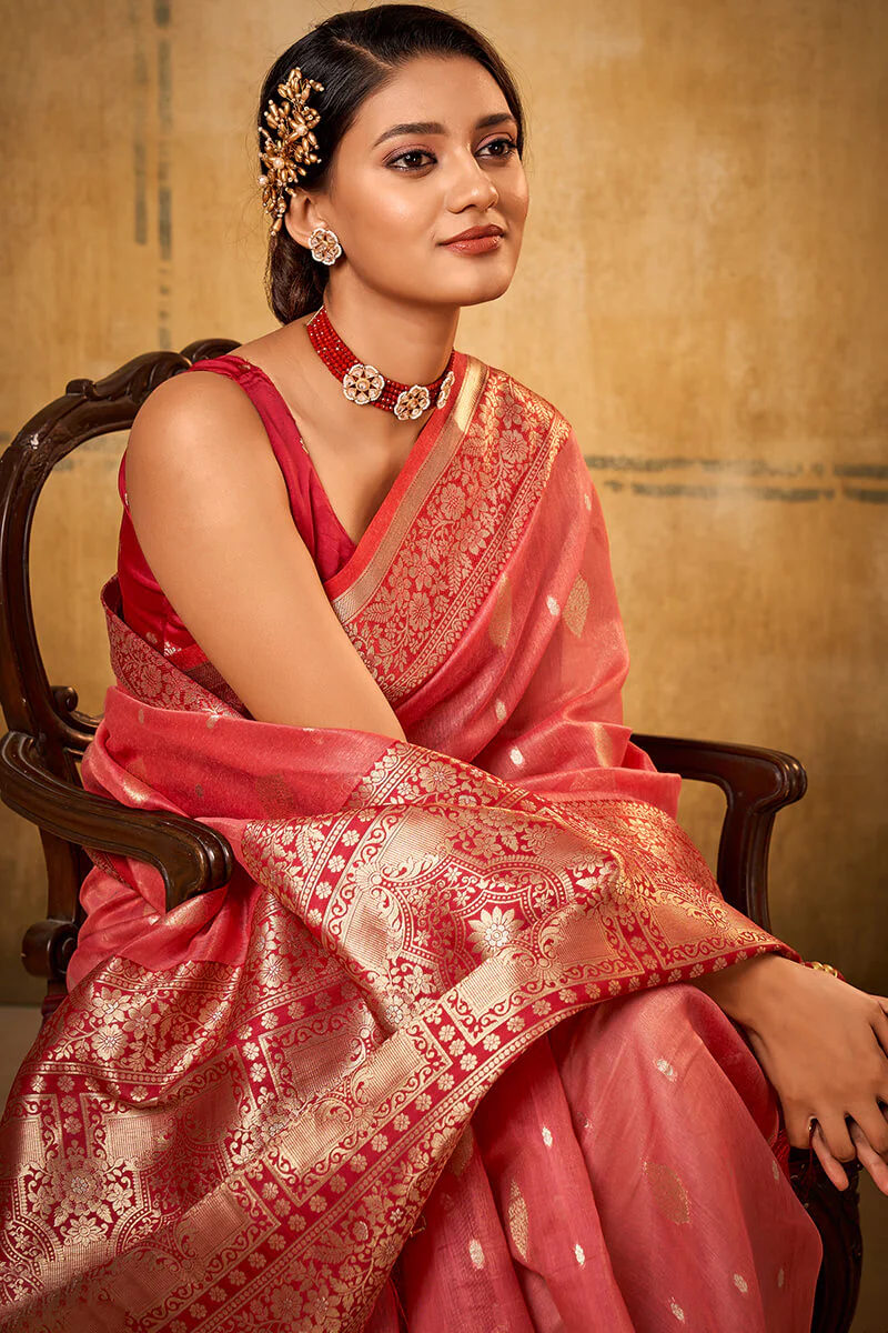 Beautiful Tomato Soft Banarasi Silk Saree With Mesmerising Blouse Piece - Image 2