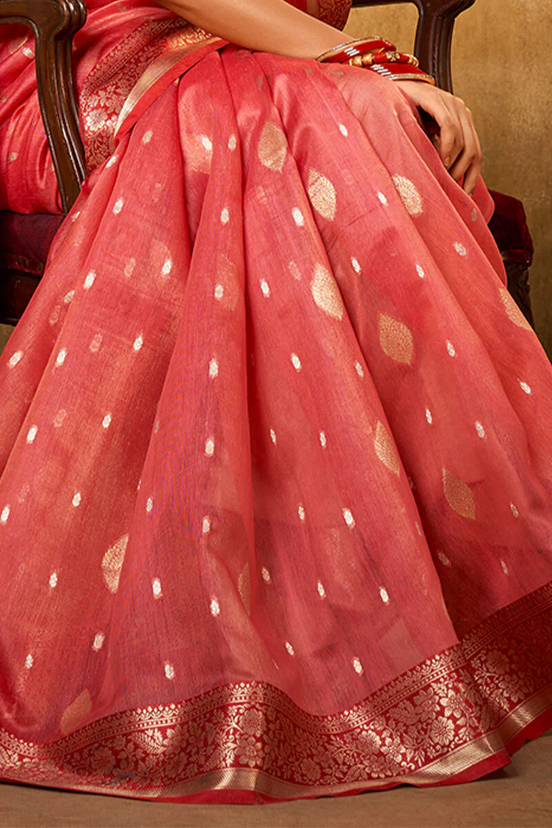 Beautiful Tomato Soft Banarasi Silk Saree With Mesmerising Blouse Piece - Image 3