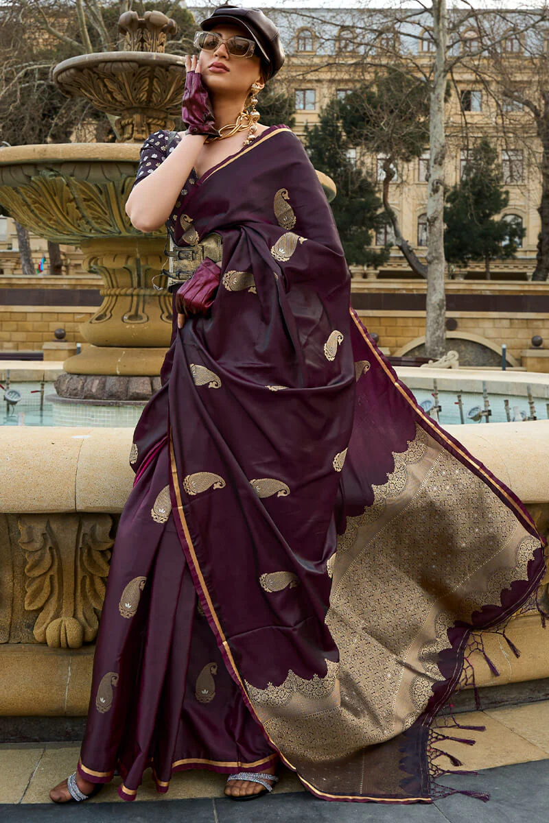 Beautiful Wine Banarasi Satin Silk Saree With Desiring Blouse - Image 3