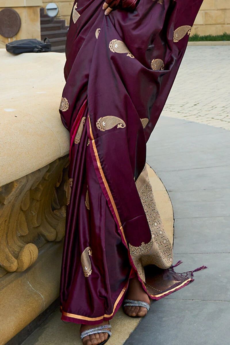 Beautiful Wine Banarasi Satin Silk Saree With Desiring Blouse - Image 4