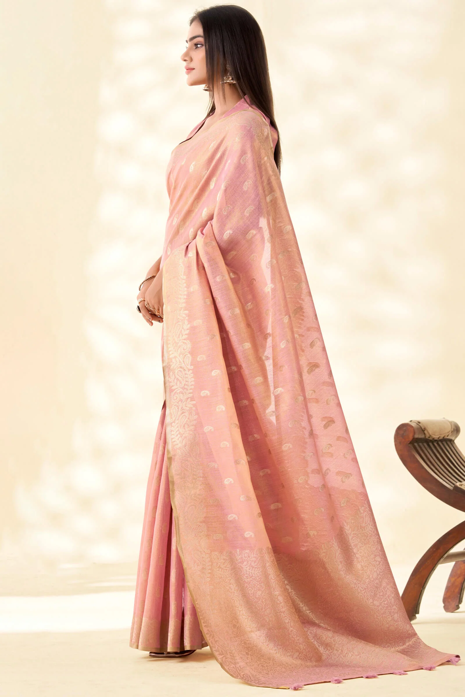 Beguiling Baby Pink Soft Banarasi Tissue Silk Saree With Fancifull Blouse Piece - Image 3