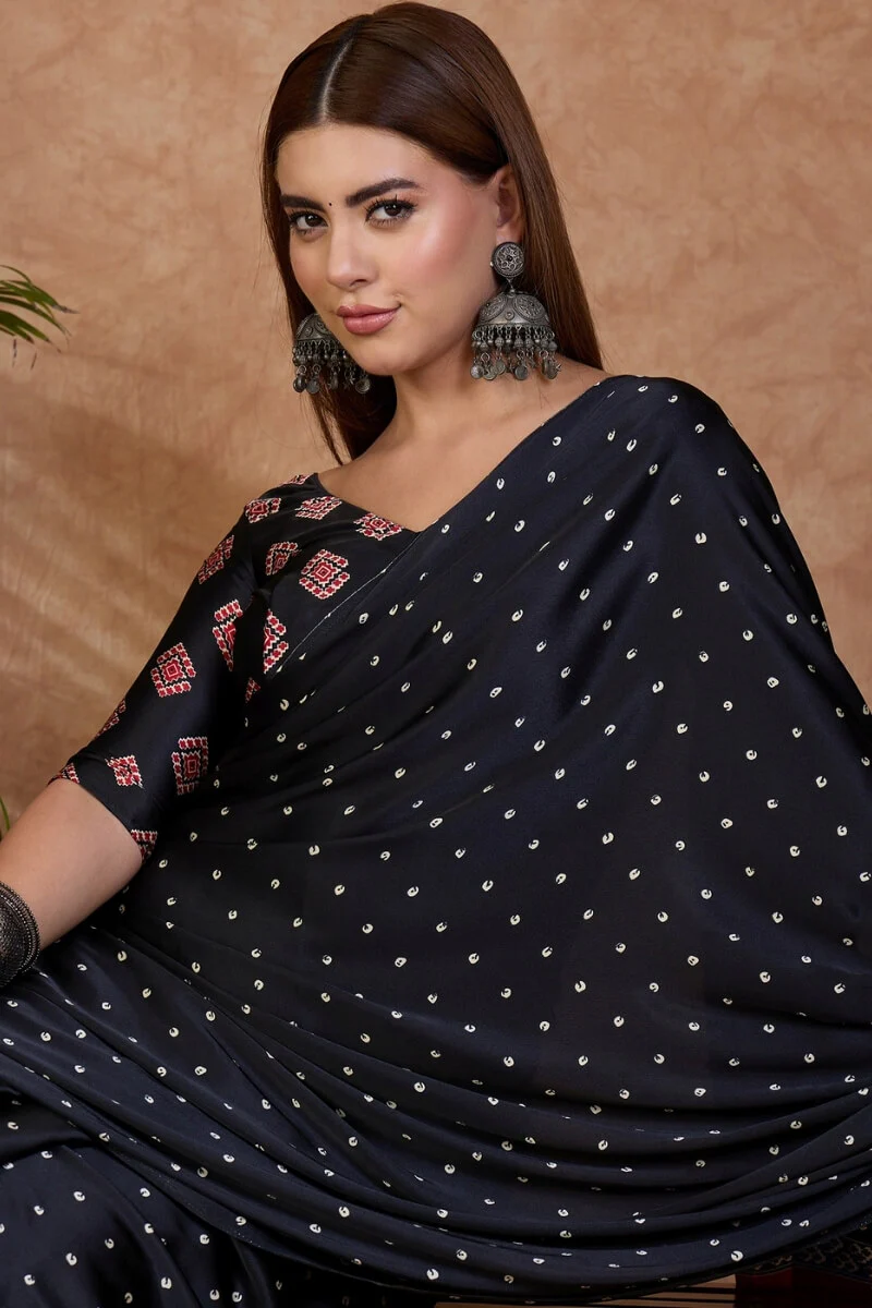 Beguiling Black Ajrakh Printed Semi Modal Silk Saree With Ephemeral Blouse Piece - Image 2