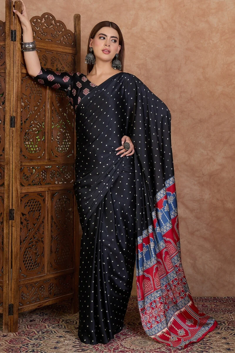 Beguiling Black Ajrakh Printed Semi Modal Silk Saree With Ephemeral Blouse Piece - Image 3