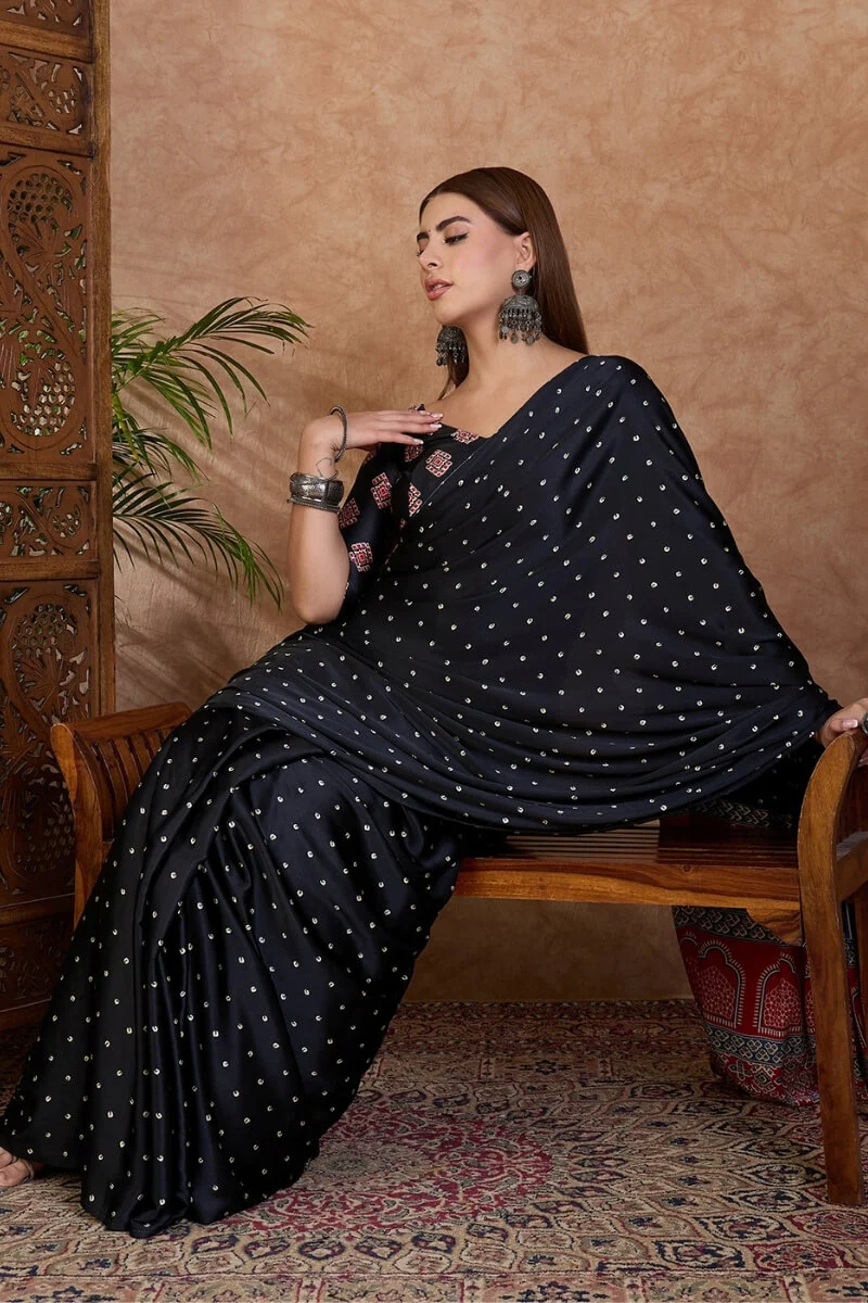 Beguiling Black Ajrakh Printed Semi Modal Silk Saree With Ephemeral Blouse Piece - Image 4