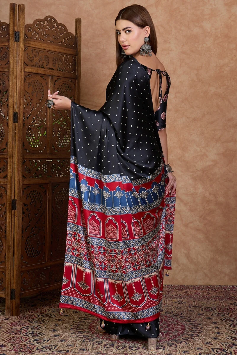Beguiling Black Ajrakh Printed Semi Modal Silk Saree With Ephemeral Blouse Piece - Image 6