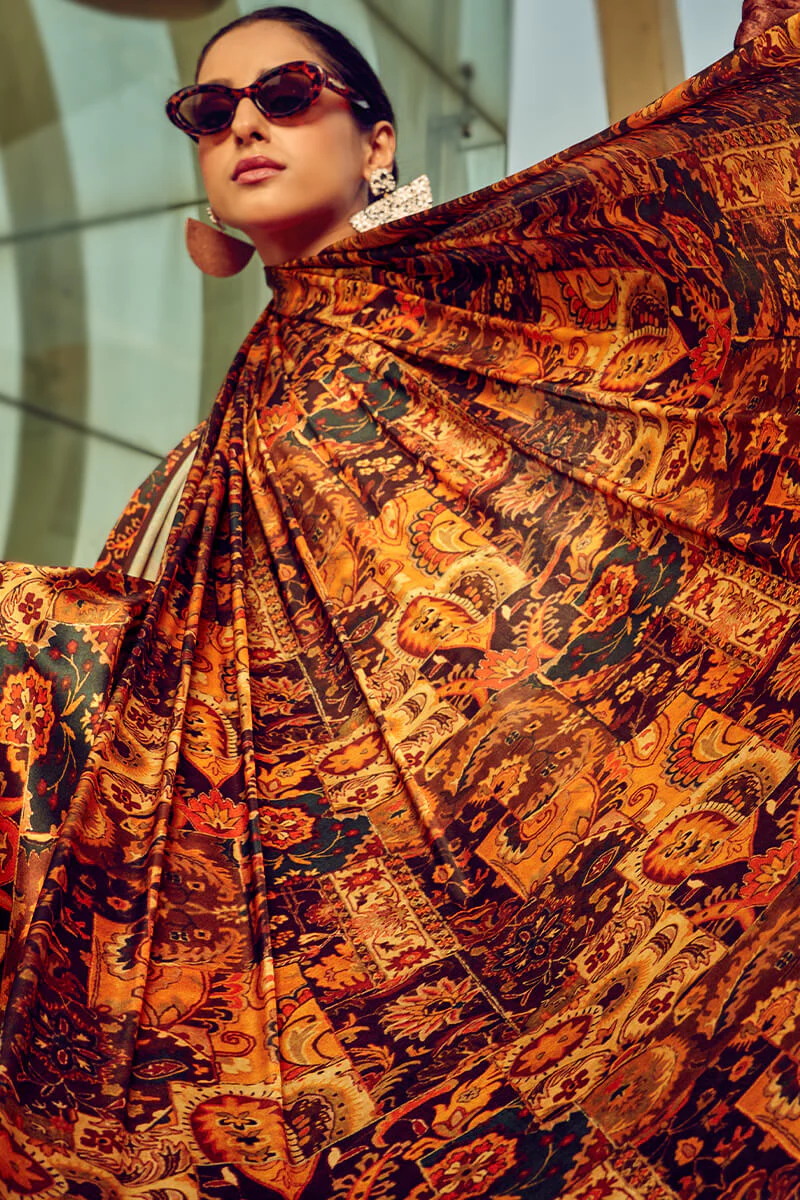 Beguiling Brown Digital Printed Satin Silk Saree With Embellished Blouse Piece - Image 2