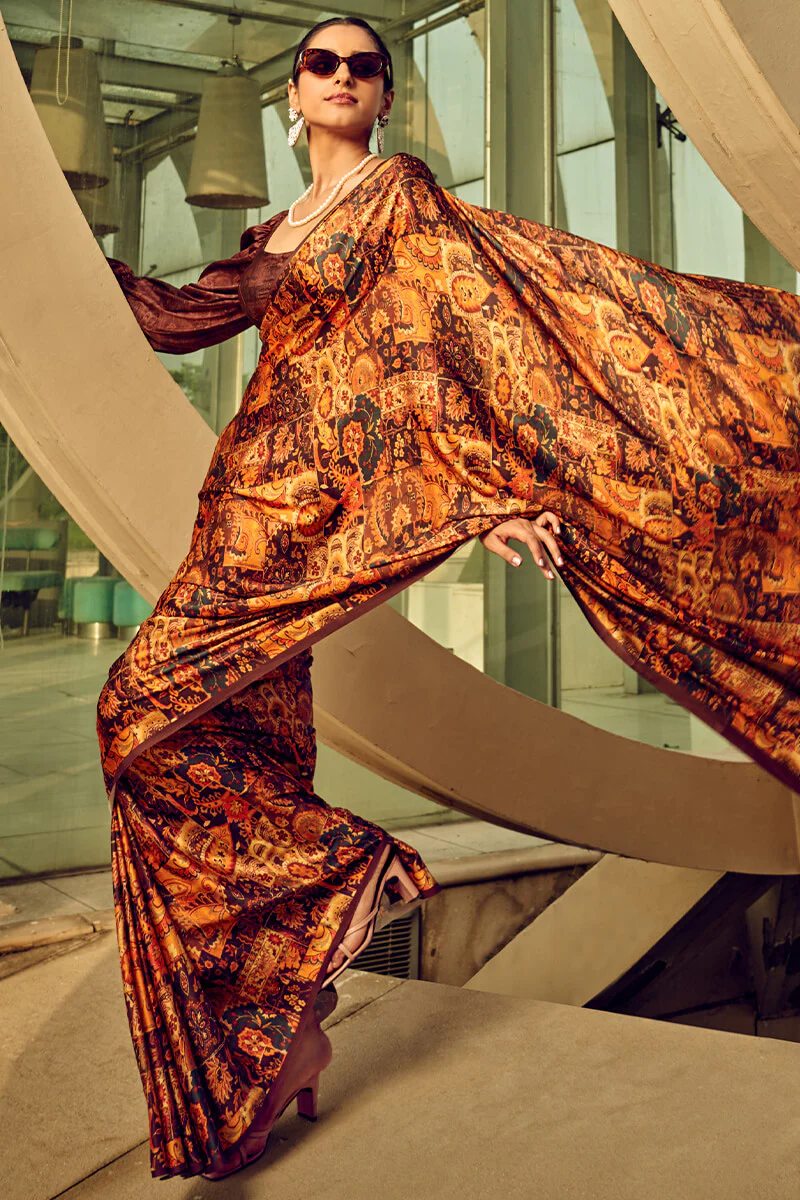 Beguiling Brown Digital Printed Satin Silk Saree With Embellished Blouse Piece - Image 3