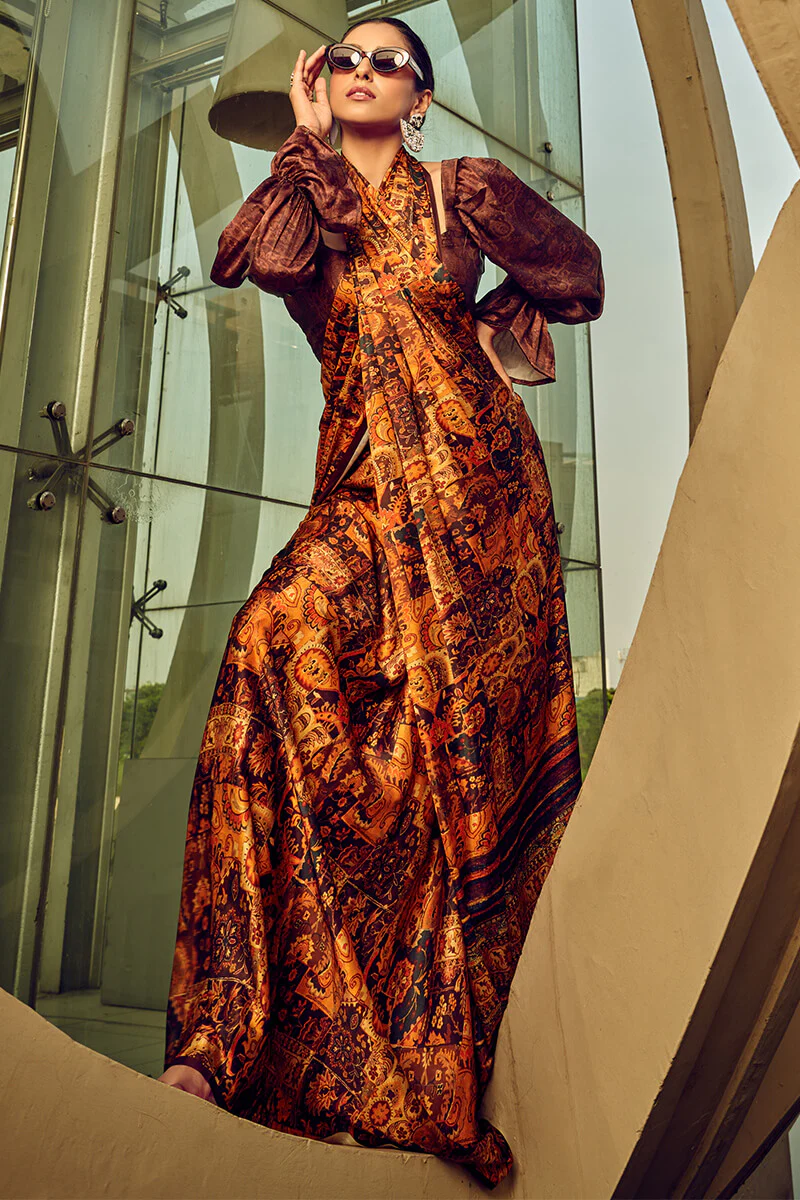 Beguiling Brown Digital Printed Satin Silk Saree With Embellished Blouse Piece - Image 4