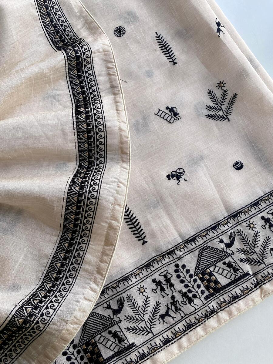 Beguiling Off White Embroidery Work Tussar Silk Saree With Glamorous Blouse Piece - Image 4