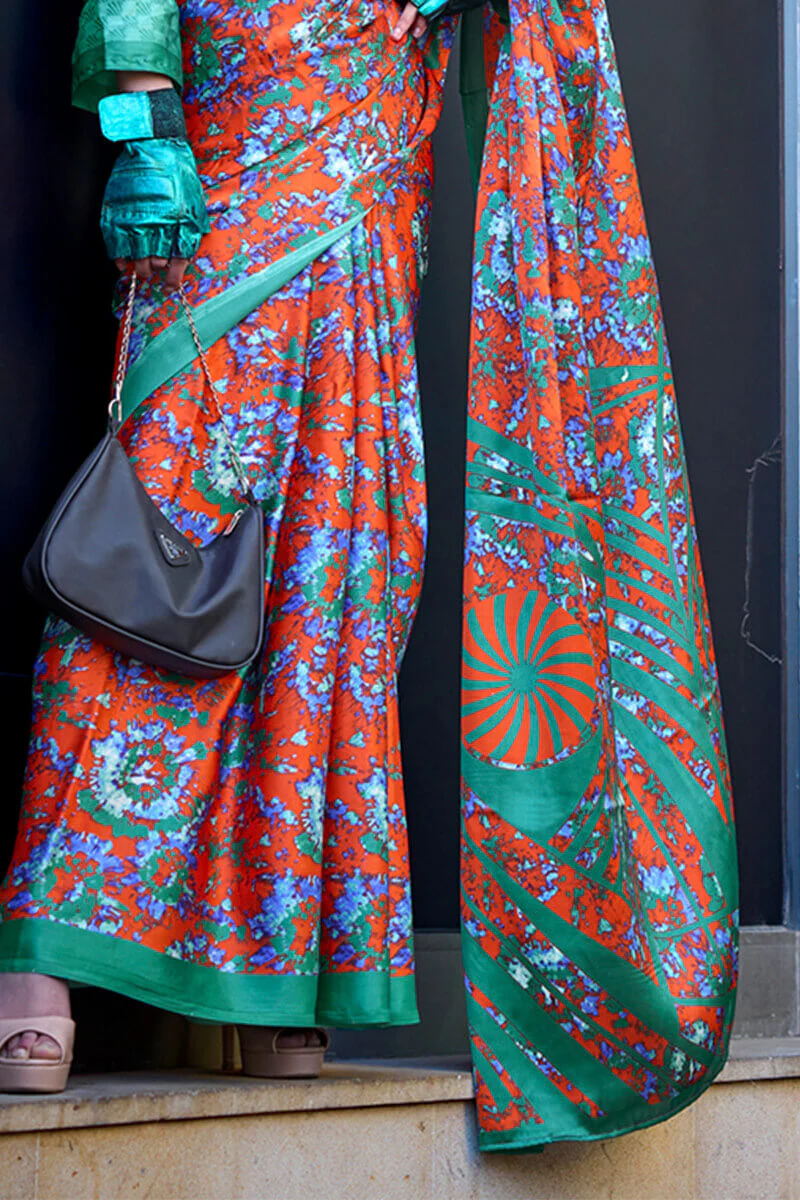 Beguiling Orange Digital Printed Satin Silk Saree With Embellished Blouse Piece - Image 3