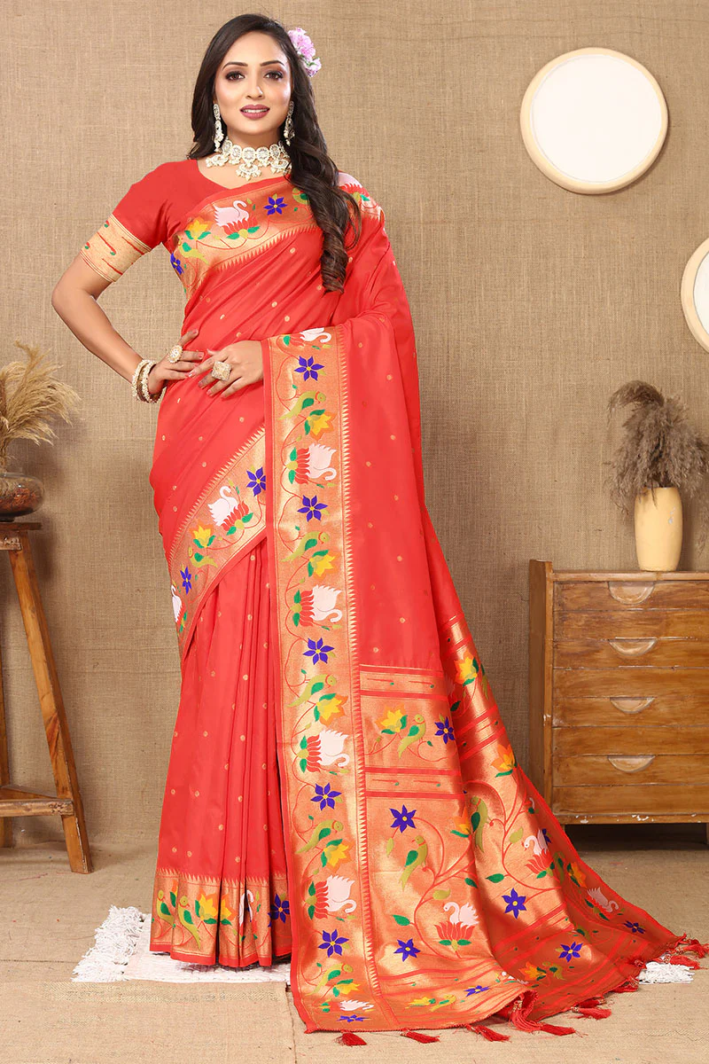 Beguiling Red Paithani Silk Saree With Embellished Blouse Piece - Image 3