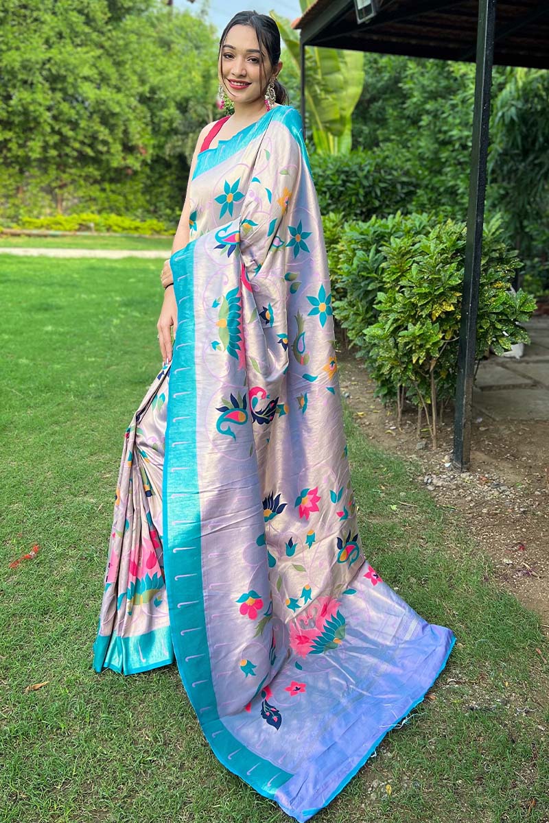 Beguiling Sky Paithani Silk Saree With Breathtaking Blouse Piece - Image 3