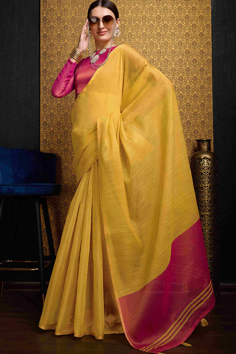 Beguiling Yellow Soft Banarasi Tissue Silk Saree With Evocative Blouse Piece - Image 3