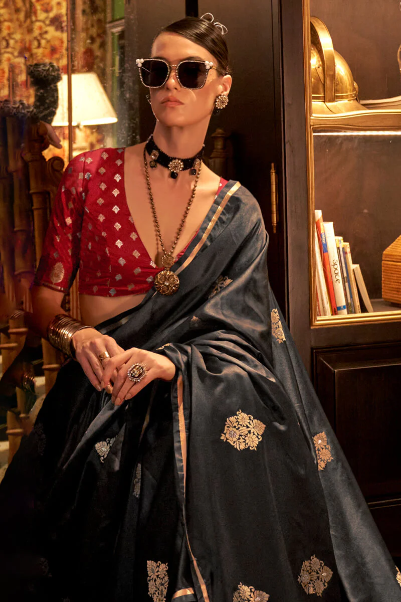 Beleaguer Black Banarasi Satin Silk Saree With Fugacious Blouse - Image 3