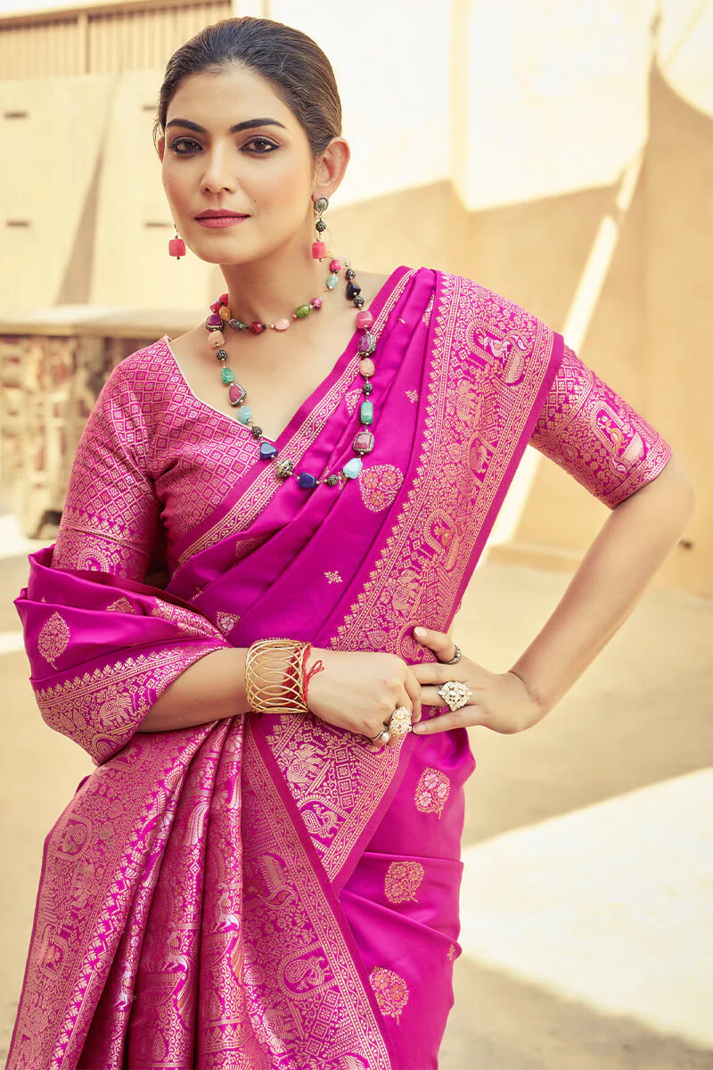 Beleaguer Dark Pink Soft Banarasi Silk Saree With Unique Blouse Piece - Image 2