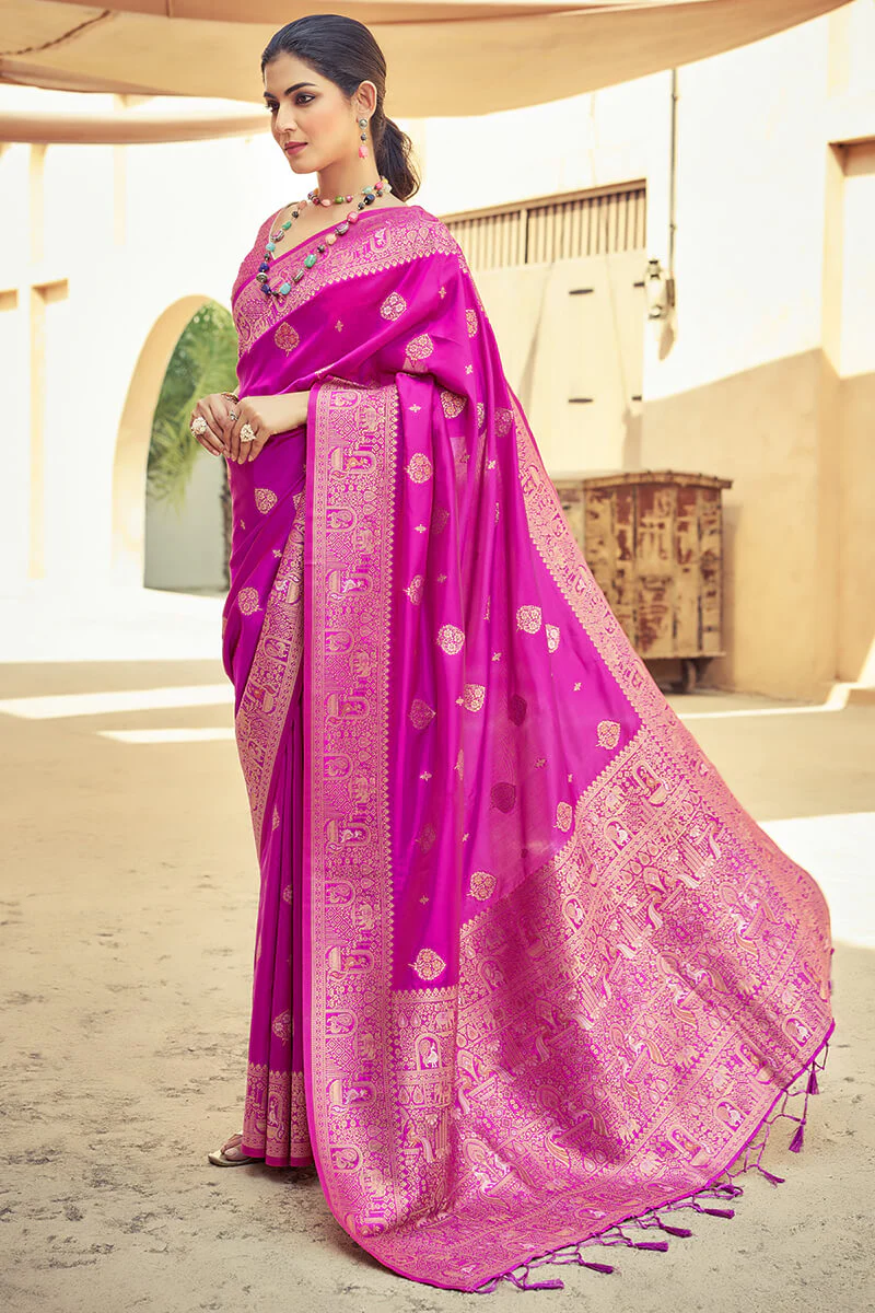 Beleaguer Dark Pink Soft Banarasi Silk Saree With Unique Blouse Piece - Image 3