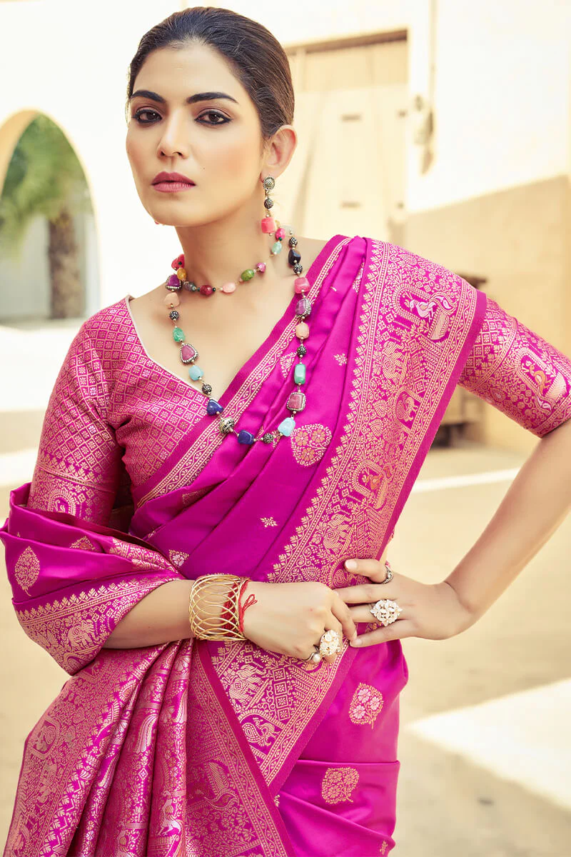 Beleaguer Dark Pink Soft Banarasi Silk Saree With Unique Blouse Piece - Image 5