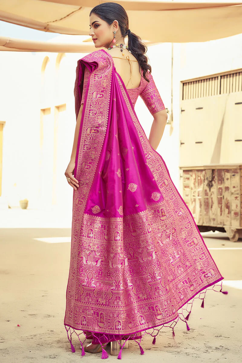 Beleaguer Dark Pink Soft Banarasi Silk Saree With Unique Blouse Piece - Image 6