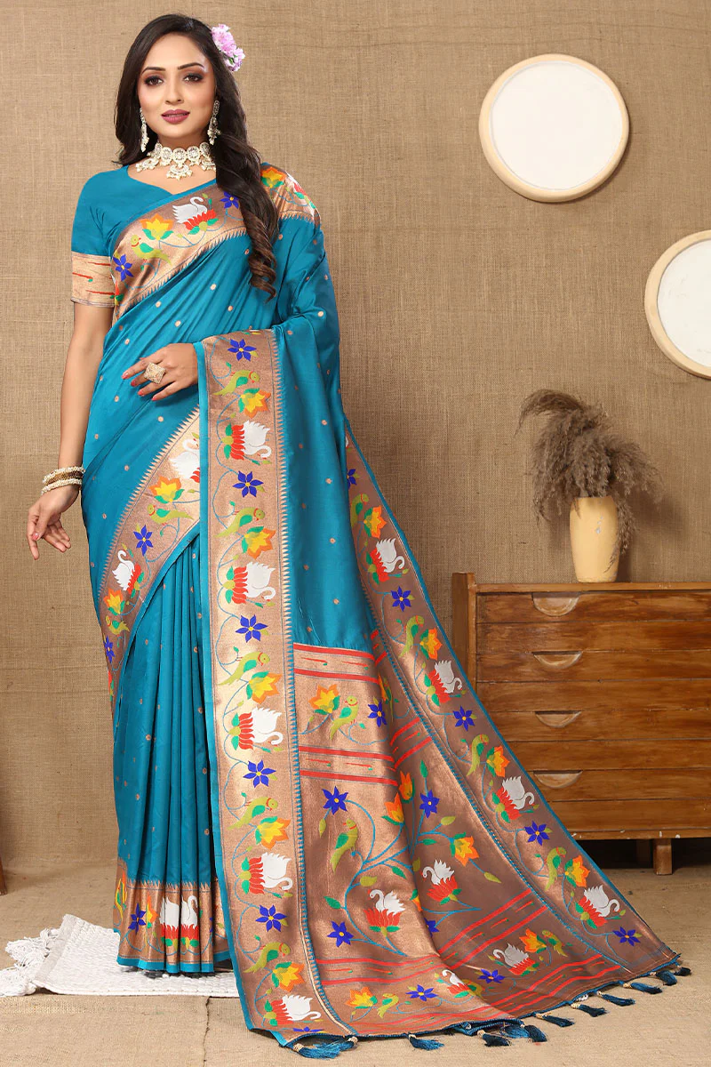 Beleaguer Firozi Paithani Silk Saree With Cynosure Blouse Piece - Image 4