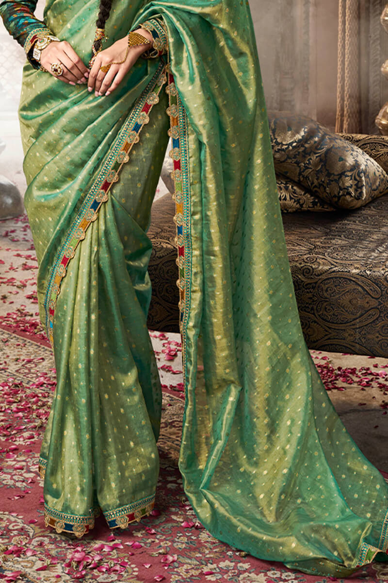 Beleaguer Green Pure Tissue Banarasi Silk Saree With Lustrous Blouse Piece - Image 3