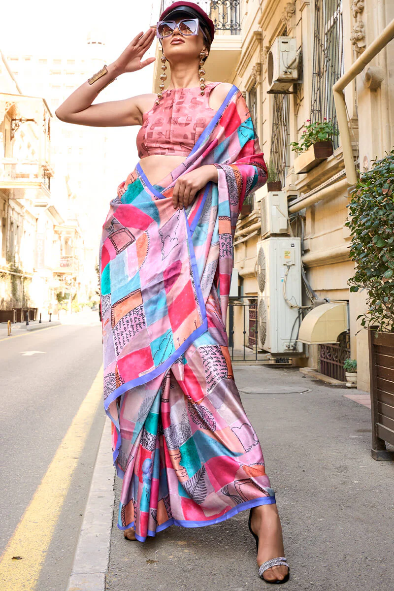 Beleaguer Pink Digital Printed Satin Silk Saree With Desuetude Blouse Piece