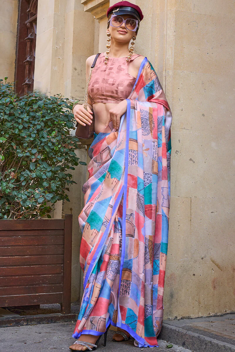Beleaguer Pink Digital Printed Satin Silk Saree With Desuetude Blouse Piece - Image 2