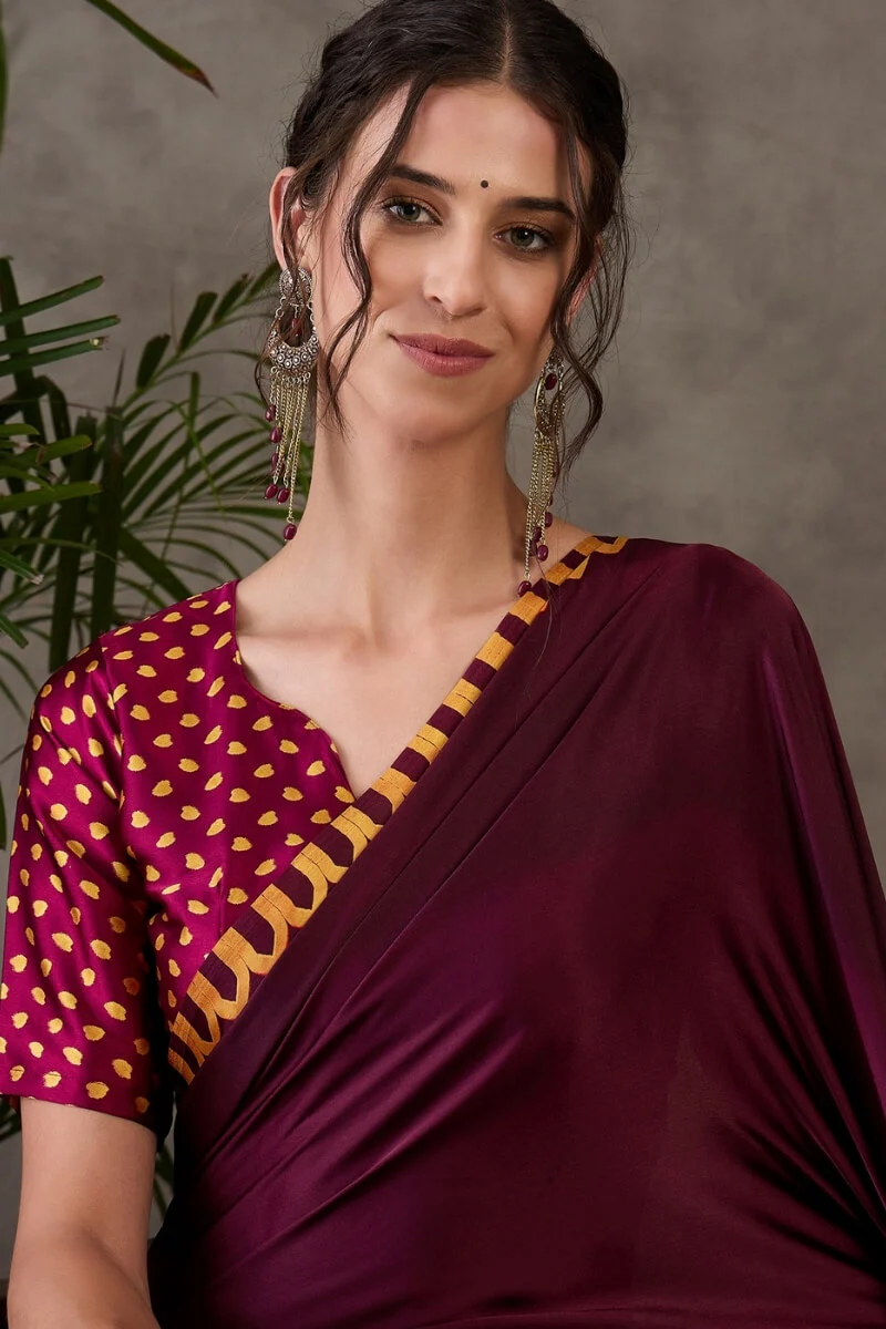 Beleaguer Wine Ajrakh Printed Semi Modal Silk Saree With Skinny Blouse Piece - Image 2