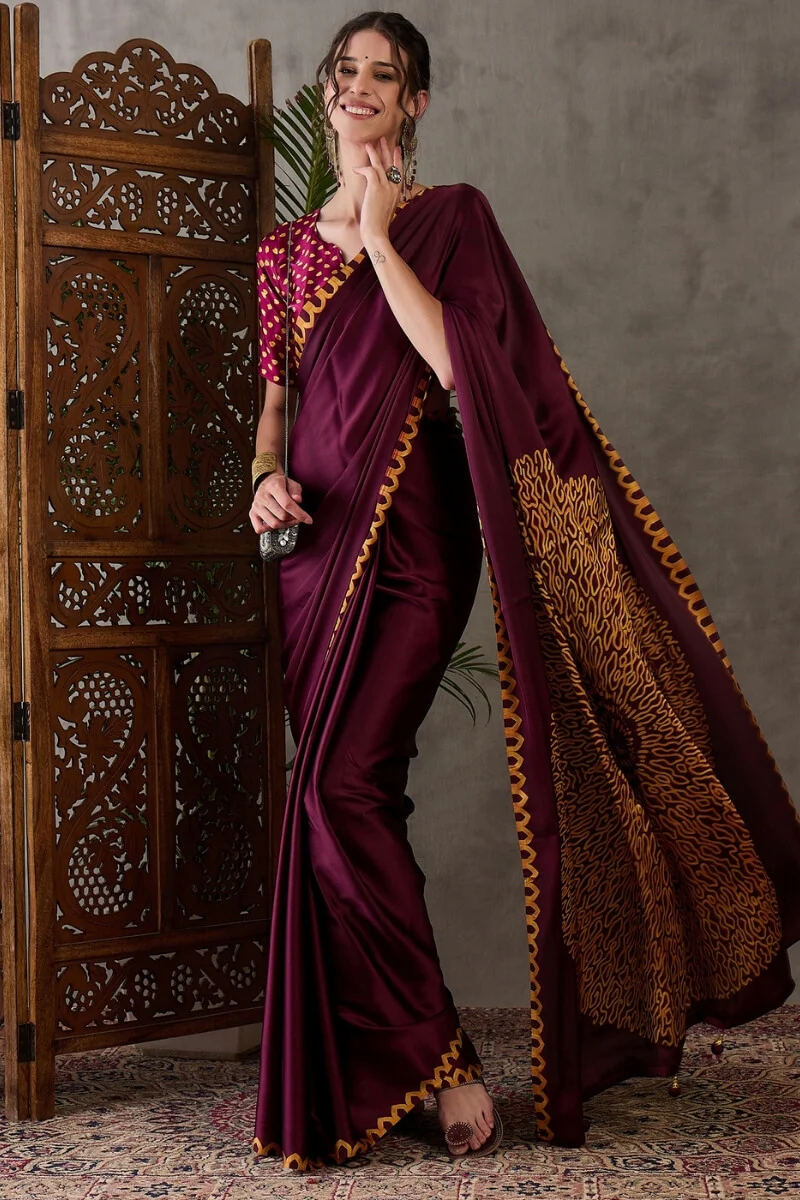 Beleaguer Wine Ajrakh Printed Semi Modal Silk Saree With Skinny Blouse Piece - Image 5
