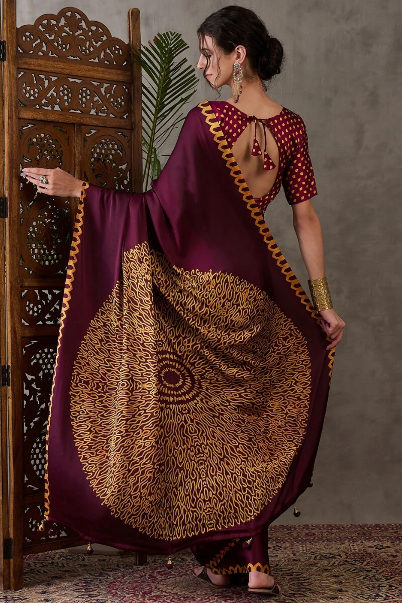 Beleaguer Wine Ajrakh Printed Semi Modal Silk Saree With Skinny Blouse Piece - Image 7