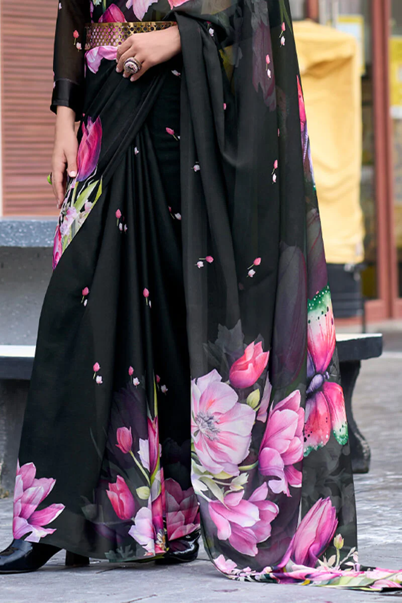 Bewitching Black Digital Printed Georgette Saree With Majestic Blouse Piece - Image 4