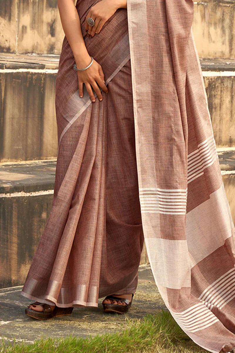 Bewitching Brown Cotton Silk Saree With Gossamer Blouse Piece - Image 3