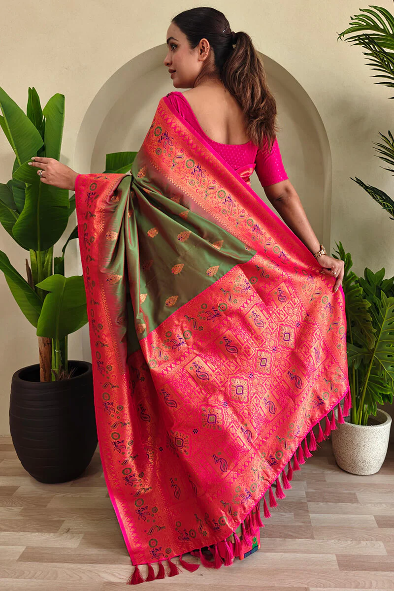 Bewitching Green Soft Banarasi Silk Saree With Embrocation Blouse Piece - Image 2